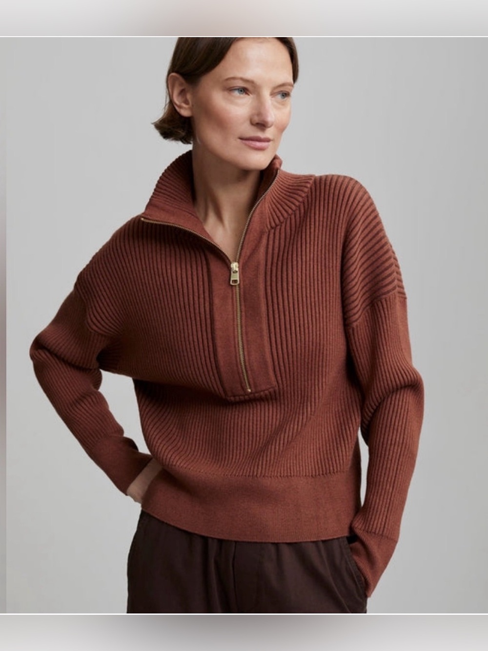 Varley Janie Half Zip Ribbed Knit Sweater Medium Brown Patina